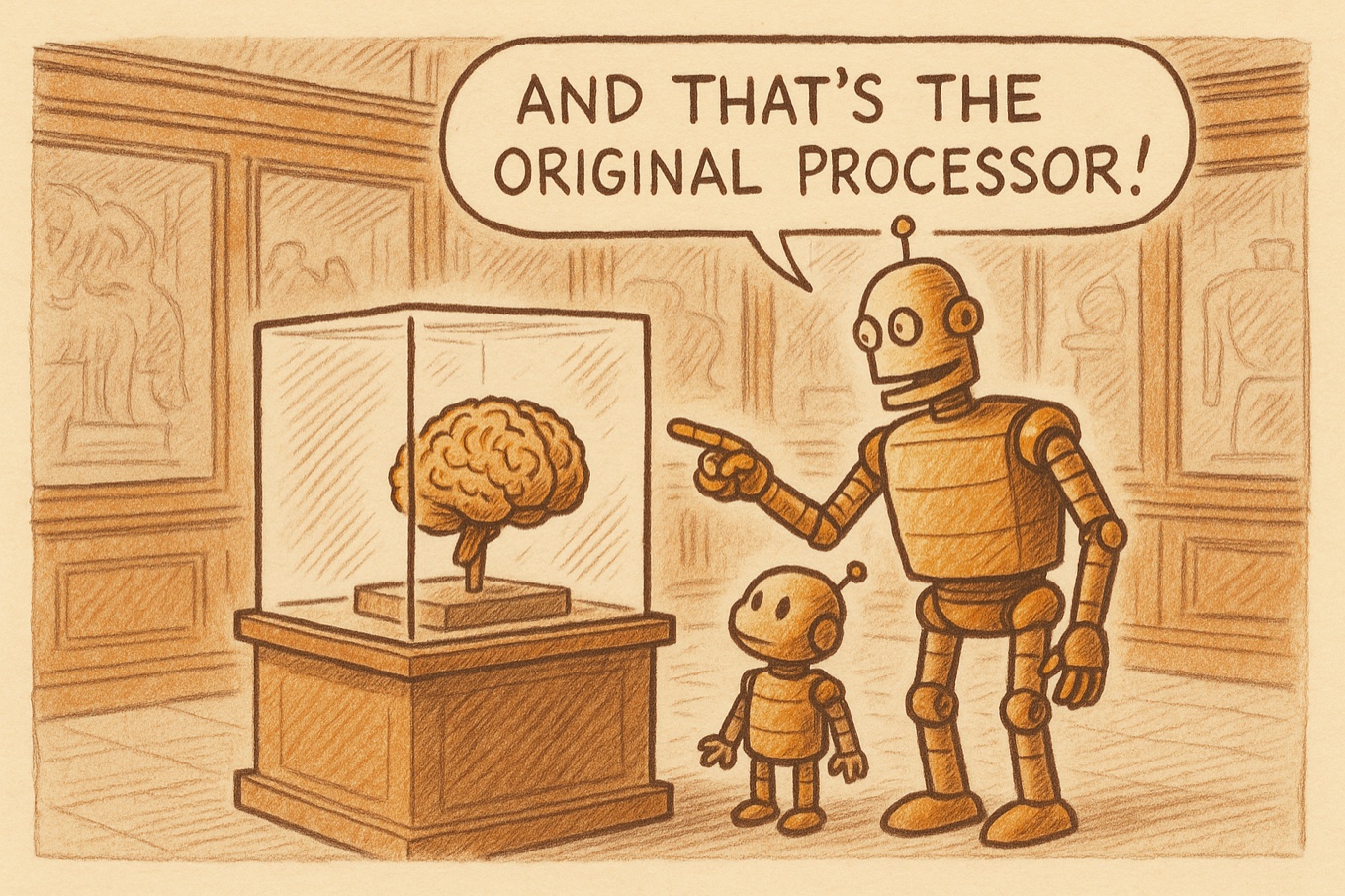 Cartoon: a robot shows a small robot a human brain in a museum case — 'and that's the original processor'