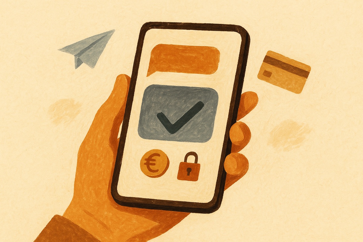 Illustration: a hand holds a phone where a typed instruction becomes a completed, approved and locked banking action — a payment sent, a card issued