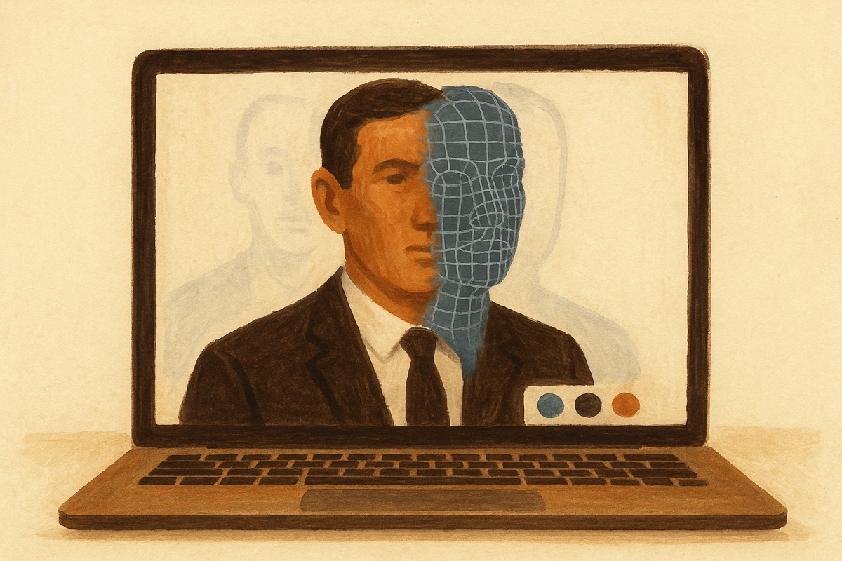 Illustration: a video call on a laptop where half the caller's face dissolves into a blue wireframe mask — a deepfake
