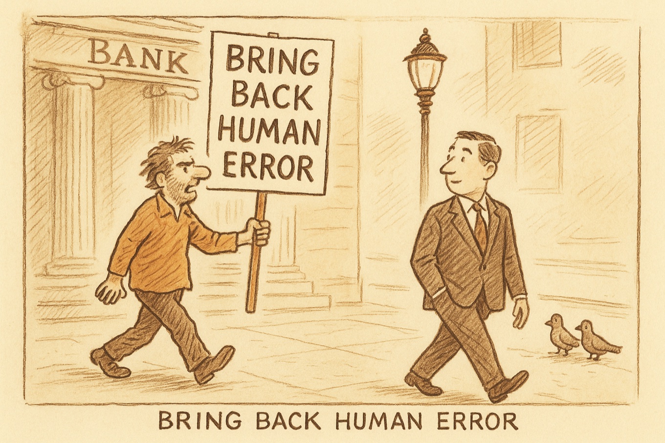 Cartoon: a protester outside a bank holds a placard reading 'Bring back human error'