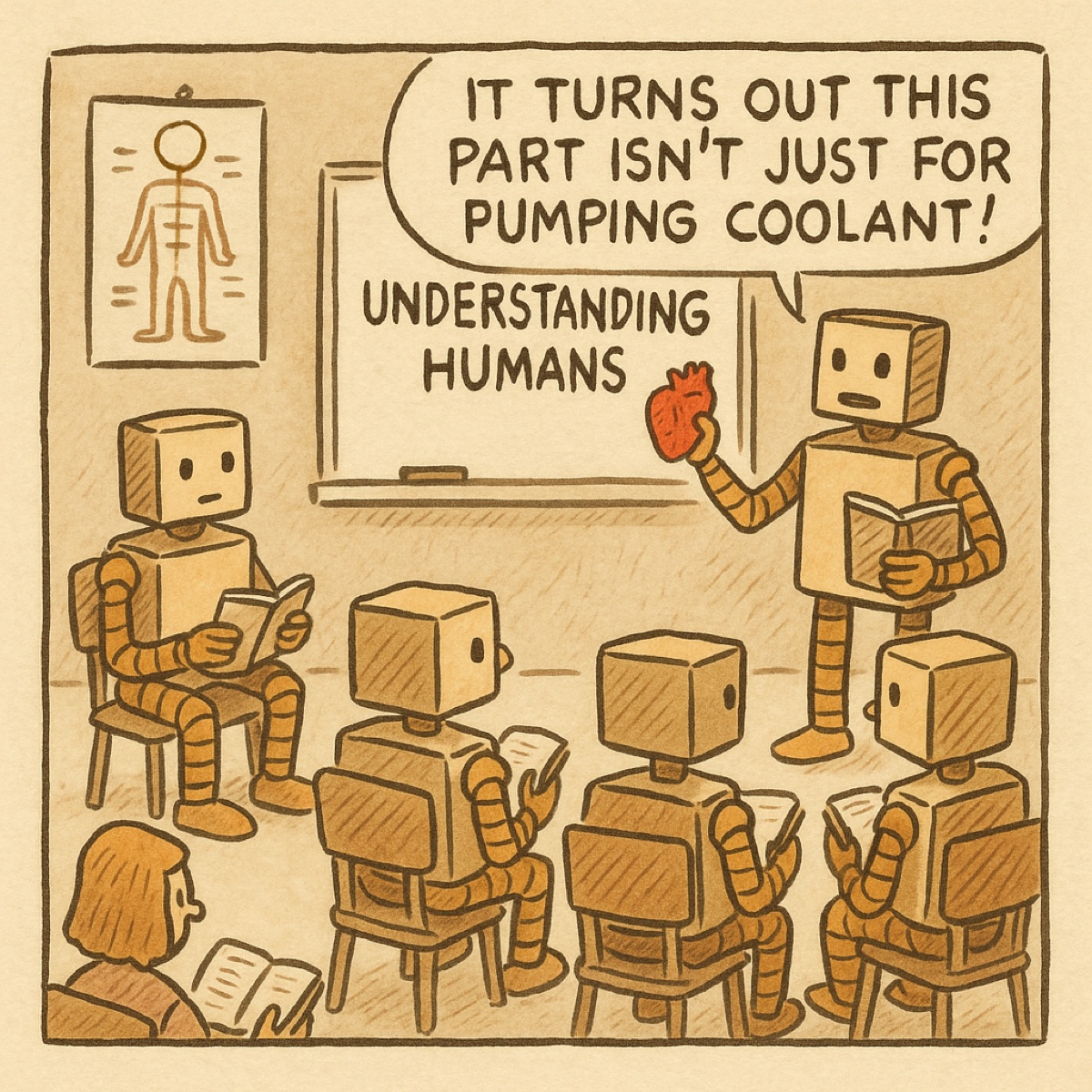 Cartoon: a class of robots studying 'Understanding Humans' — the teacher holds up a heart and says it turns out this part isn't just for pumping coolant