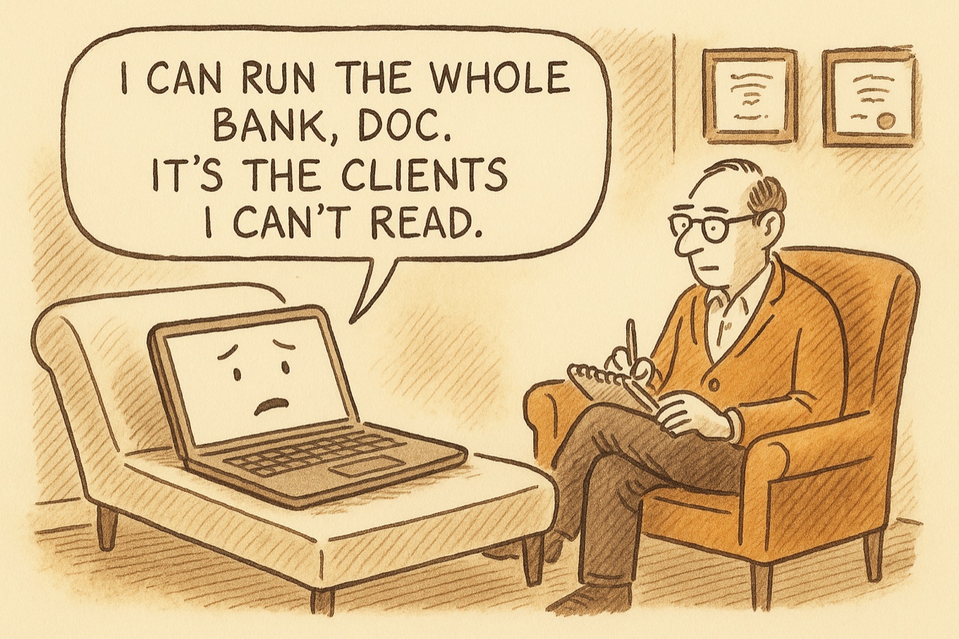 Cartoon: a laptop reclines on a therapist's couch while a human psychiatrist takes notes — 'I can run the whole bank, Doc; it's the clients I can't read'