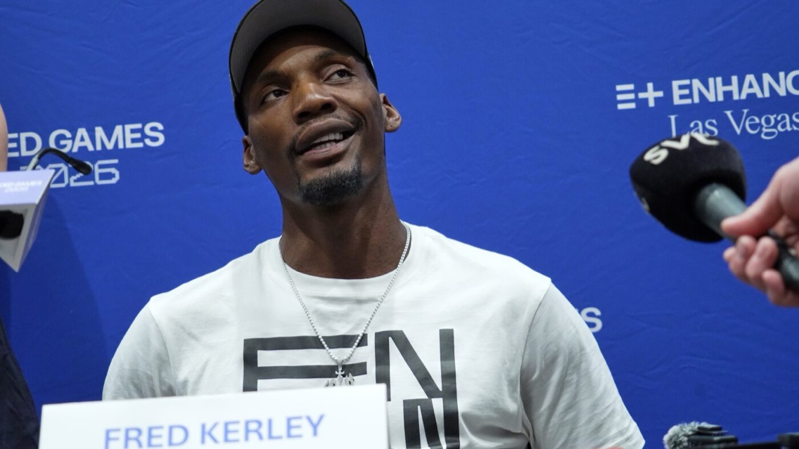 Fred Kerley at the Enhanced Games press conference, Las Vegas