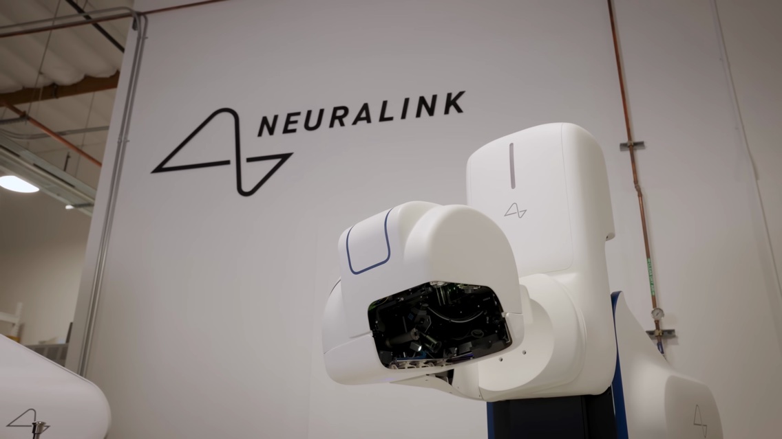 Neuralink surgical robot threading electrodes into the brain